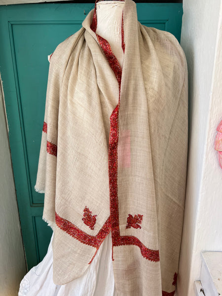 Cosy cashmere wool shawl natural color with exclusive hand embroidery  from Srinagar paisley and border  pink and orange -  AUROBELLE  IBIZA