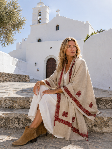 Cosy cashmere wool shawl natural color with exclusive hand embroidery  from Srinagar paisley and border  pink and orange -  AUROBELLE  IBIZA