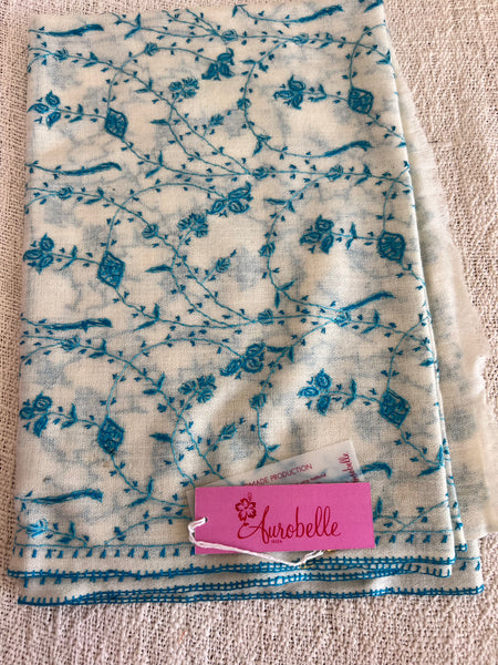Blue white cashmere wool shawl natural color with exclusive hand embroidery  from Srinagar paisley -  AUROBELLE  IBIZA