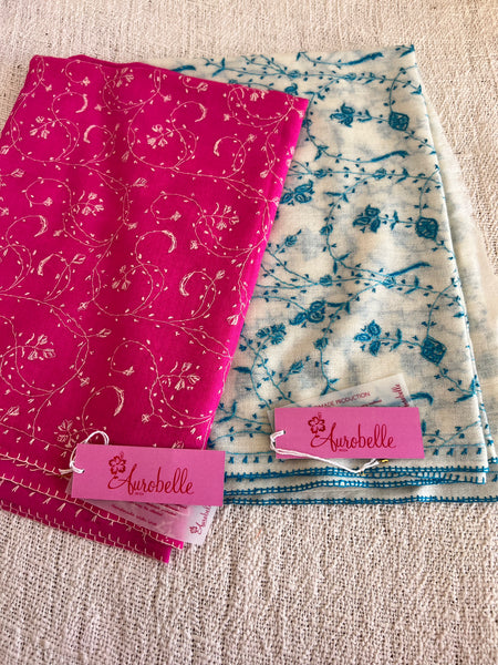 Blue white cashmere wool shawl natural color with exclusive hand embroidery  from Srinagar paisley -  AUROBELLE  IBIZA