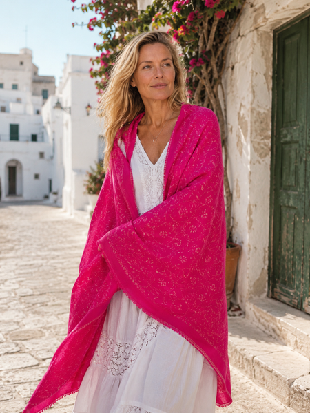 Pink cashmere wool shawl natural color with exclusive hand embroidery  from Srinagar paisley -  AUROBELLE  IBIZA