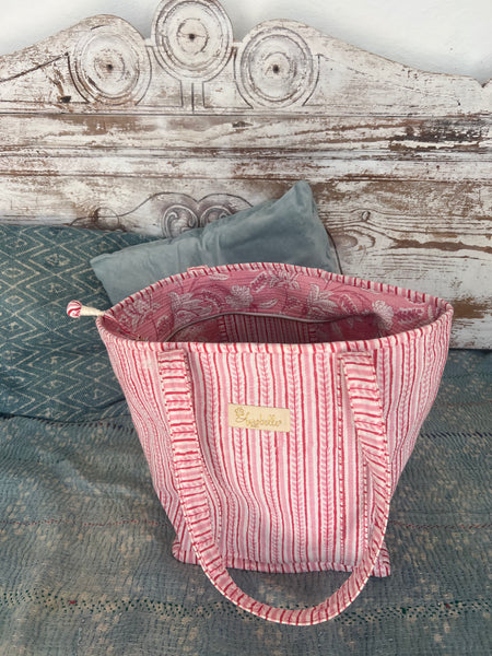 Brigitte Tote bag Large Quilted Cotton Tote Bag | Pink Block Print Shoulder Bag | Boho Beach Bag | Handmade Travel Bag