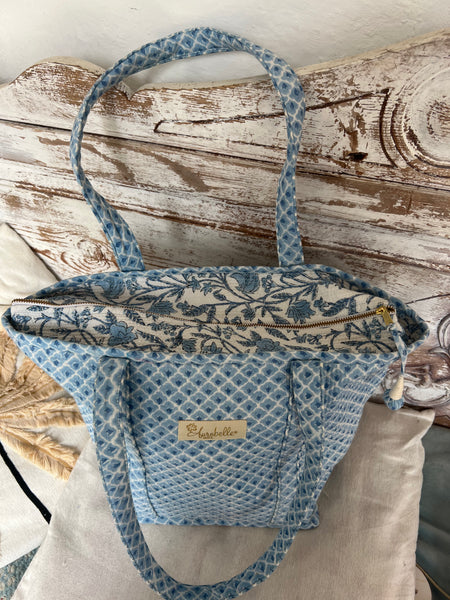 Brigitte Tote bag Large Quilted Cotton Tote Bag | Blue Block Print Shoulder Bag | Boho Beach Bag | Handmade Travel Bag