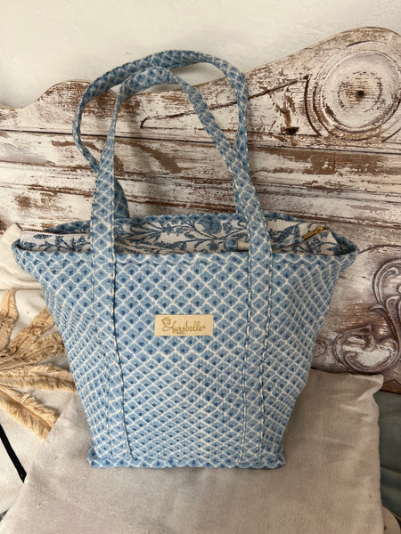 Brigitte Tote bag Large Quilted Cotton Tote Bag | Blue Block Print Shoulder Bag | Boho Beach Bag | Handmade Travel Bag