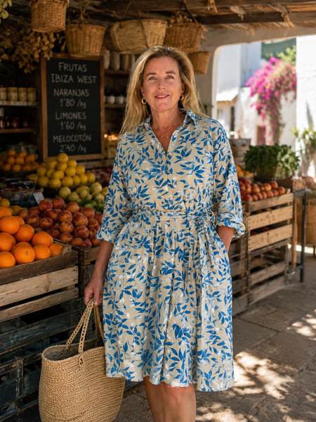 Marylin linen dressblue leave with extra belt -  AUROBELLE  IBIZA