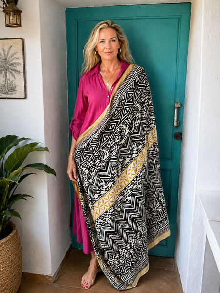 Big size Sarong ,Hand Block Printed Extra Large Sarong | Organic Cotton Muslin | Natural Bagru Print with green