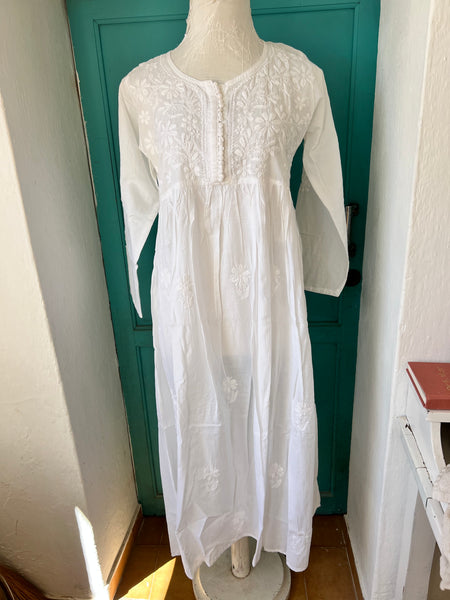 Anarkali  Spot  , llong boho Ibiza tunica dress white ibiza long cotton dress with hand embroidery
