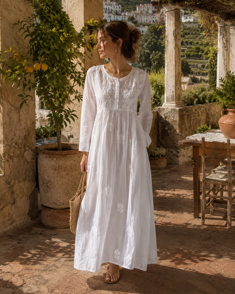 Anarkali  Spot  , llong boho Ibiza tunica dress white ibiza long cotton dress with hand embroidery