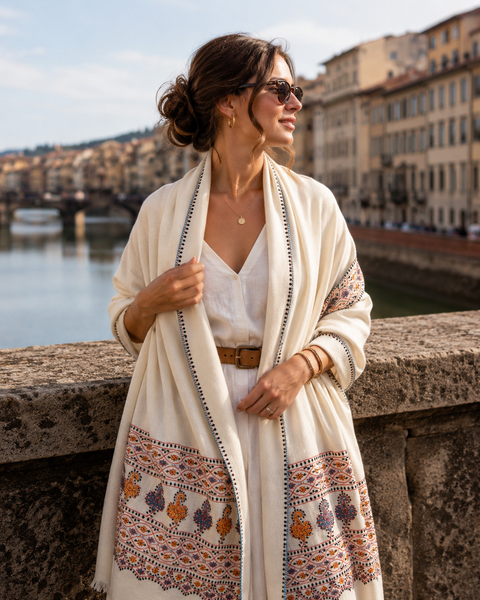 Off whitecashmere wool shawl natural color with exclusive hand embroidery  from Srinagar paisley  masterpiece -  AUROBELLE  IBIZA
