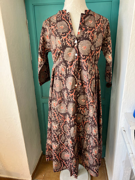 Rangoli Long kaftan  dress  in brown orange block print