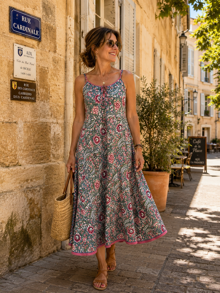 Capri dress  green fleur  with seperate belt
