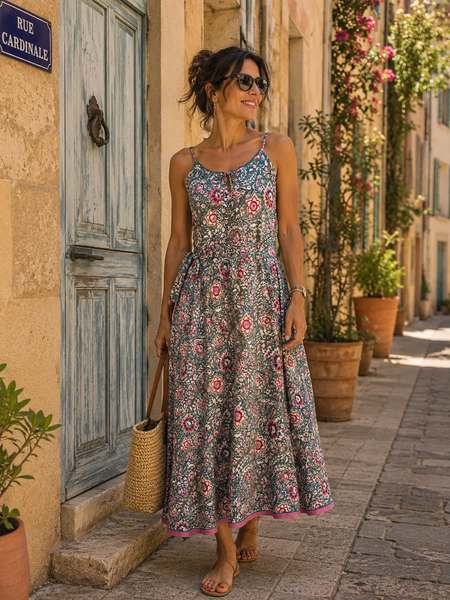 Capri dress  green fleur  with seperate belt