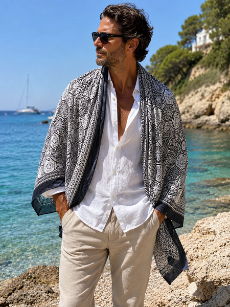 Sarong  , Pareo  , cotton shawl and beach wrap - black and white