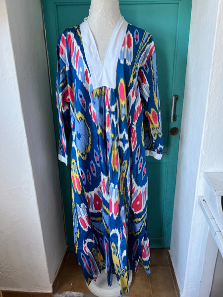 Ikat   Blue multi abstract   and white , boho beautiful long Tunica size XXL -  AUROBELLE  IBIZA