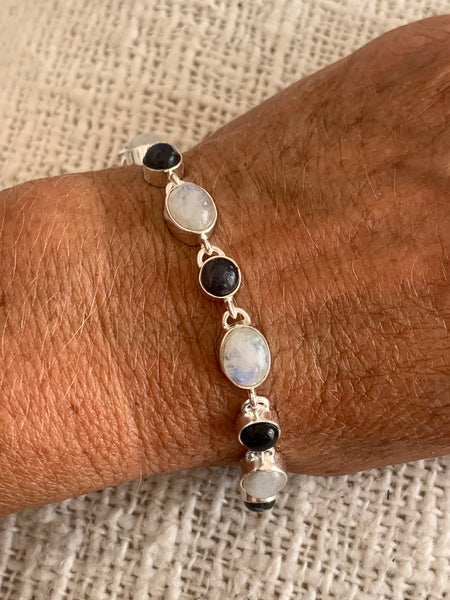 Silver - Moonstone and labradorite gemstone designer bracelet