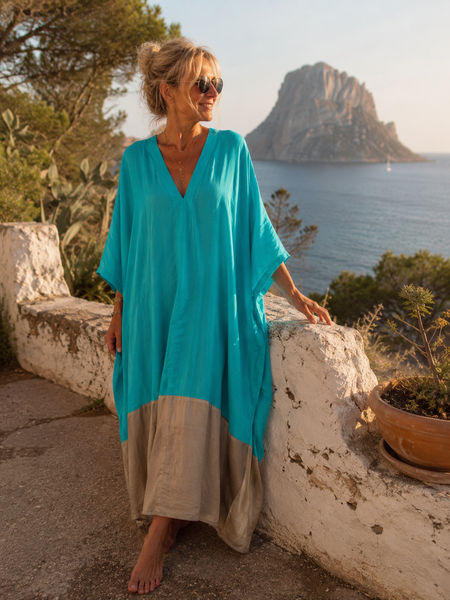 Exclusive luxury Silk kaftan - plus-size turquoise and beige