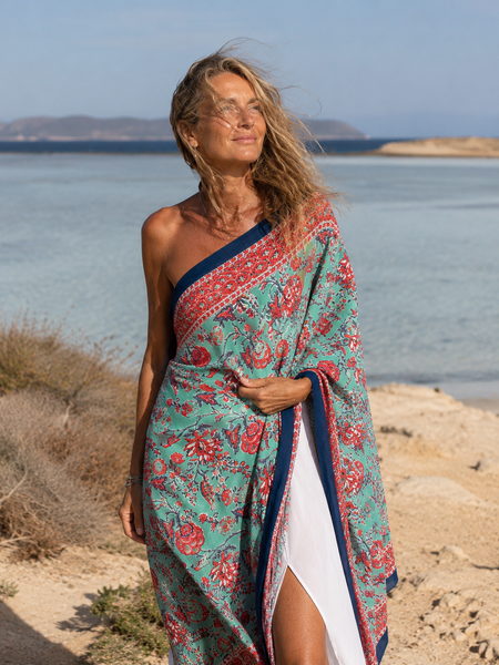 Hand made Block print turquoise  Salinas Sarong