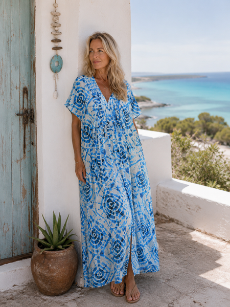 Bodrum blue kaftan worn outdoors - Aurobelle Ibiza