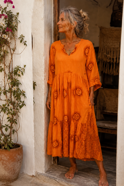Aurobelle Ibiza Om Namah Shivaya maxi dress in light orange, front view