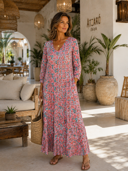 Ibeka pink and turquoise floral hand block-printed maxi dress — Aurobelle Ibiza
