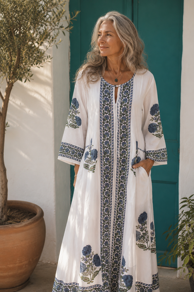 Marrakesh III blue block-print kaftan - AUROBELLE IBIZA