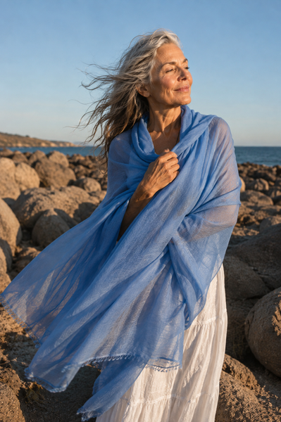 Blue Ocean cashmere shawl, fabric texture close-up — Aurobelle Ibiza