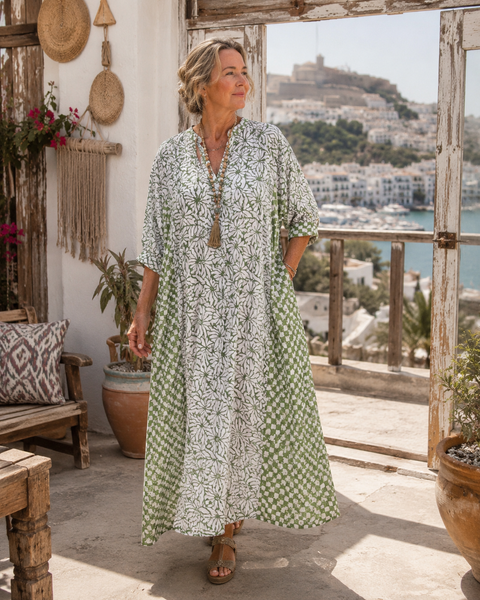 Kaftan – Green and White Block-Print Cotton Dress