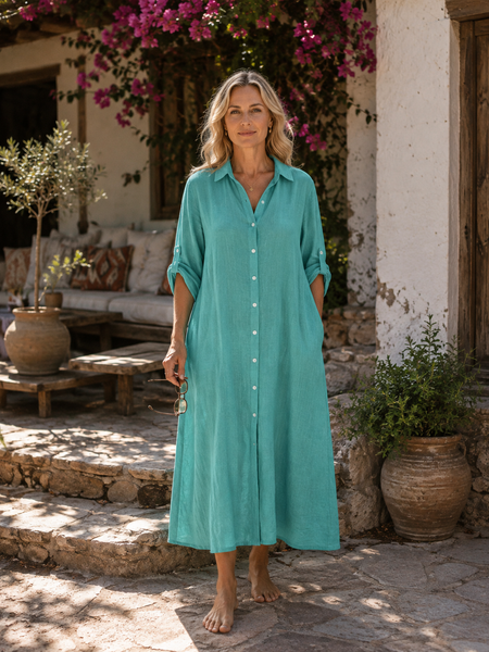 City – organic Linen Cotton Dress turquoise