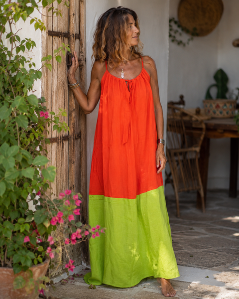 Three Sisters silk maxi dress by Aurobelle Ibiza, full length view