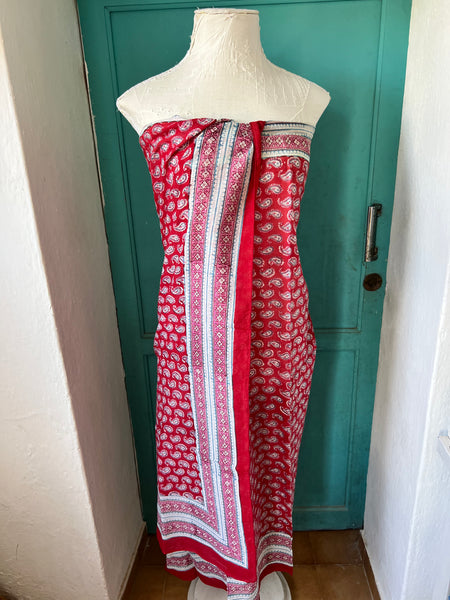 Detail of red paisley block print pattern on the Sal sarong