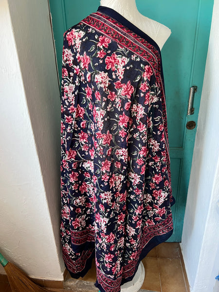 Detail of indigo blue floral block print pattern on the sarong