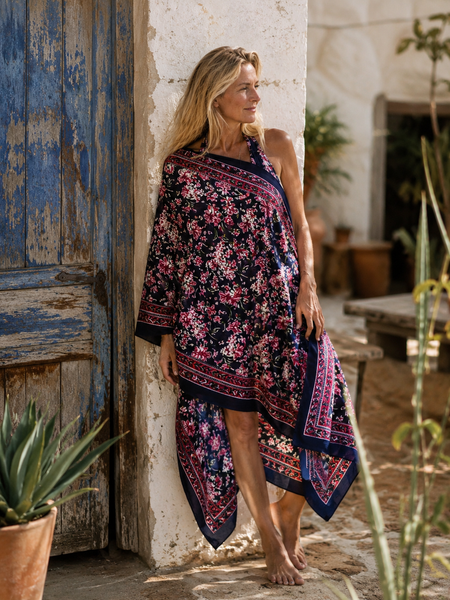 Indigo blue floral hand block print sarong, full view
