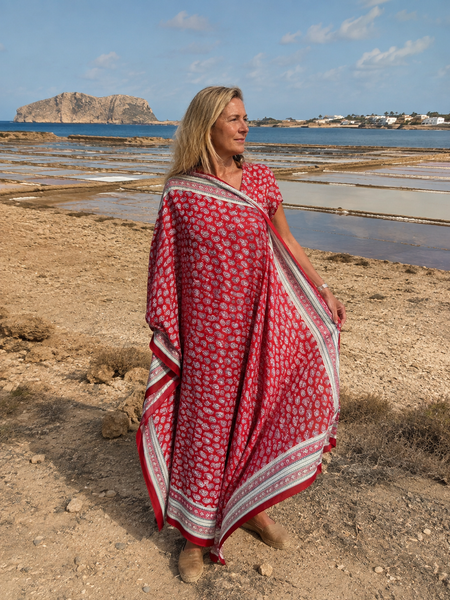 Sal red paisley hand block print sarong, full view