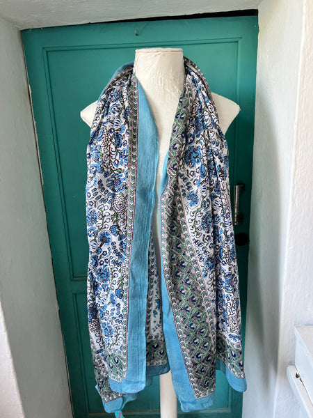 Detail of blue floral block print pattern on the Lavender sarong