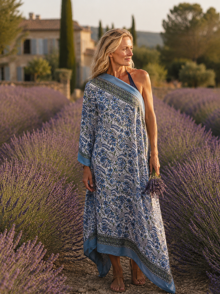 Lavender blue floral hand block print sarong, full view