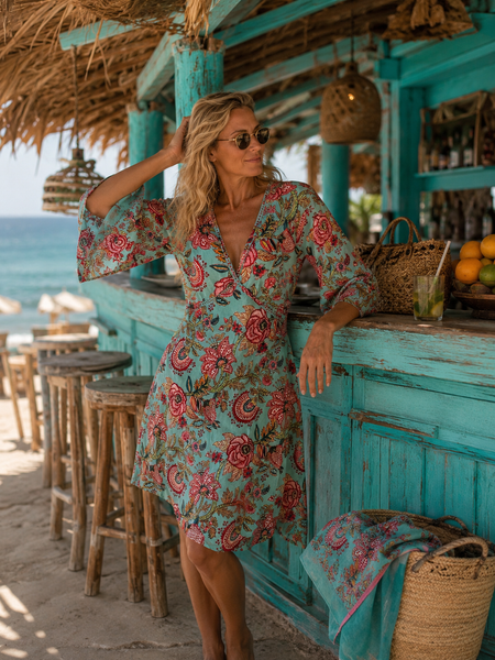 Fiona  turquoise bohemian hippie chic dress in cotton