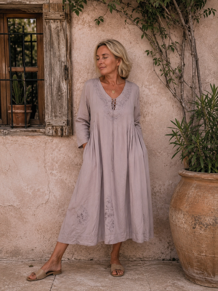 Mughal – Beige Muslin Cotton Embroidered Dress