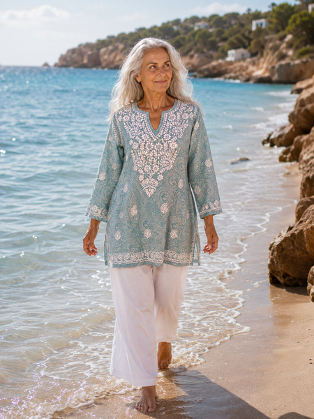 SILK KURTA  BLUE  WITH WHITE HAND EMBROIDERY