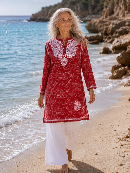 Red Paisley Chikan Kurta