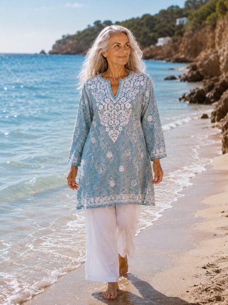 SILK KURTA  BLUE  WITH WHITE HAND EMBROIDERY