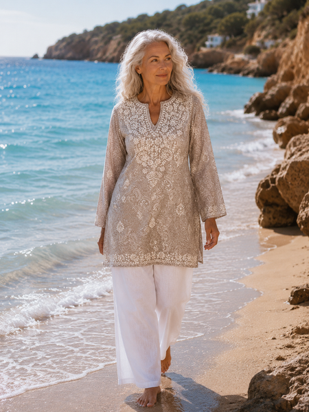 Sandy beige paisley silk kurta with ivory Lucknow embroidery, Aurobelle Ibiza