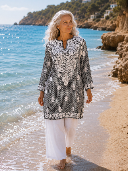 Black and white silk kurta with ivory Lucknow embroidery, Aurobelle Ibiza