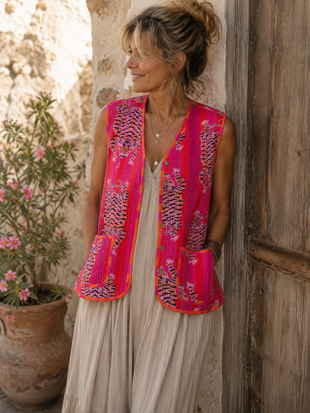 Velvet Boho Vest – Tiger Print & Striped Lining