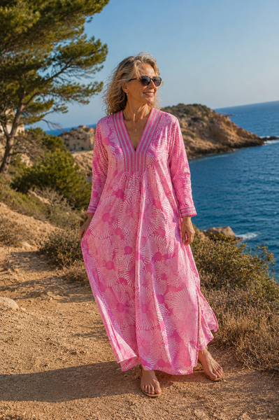 Martha – Pink Flower Long Kaftan