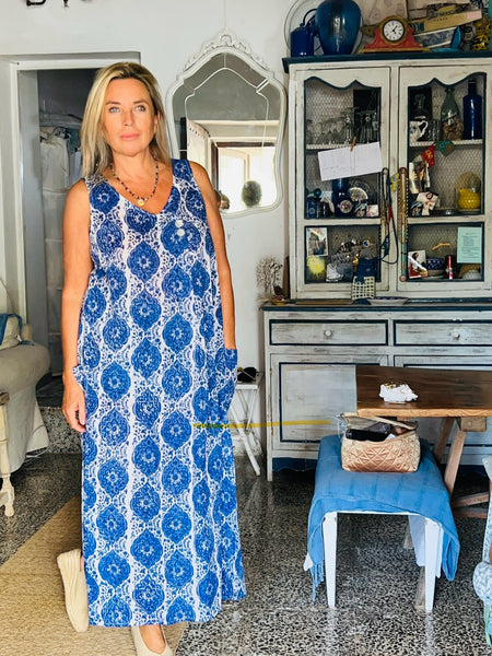2 Button 2 Pocket Dress – Ibiza Blue Blockprint