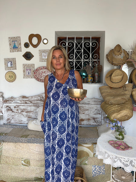 2 Button 2 Pocket Dress – Ibiza Blue Blockprint