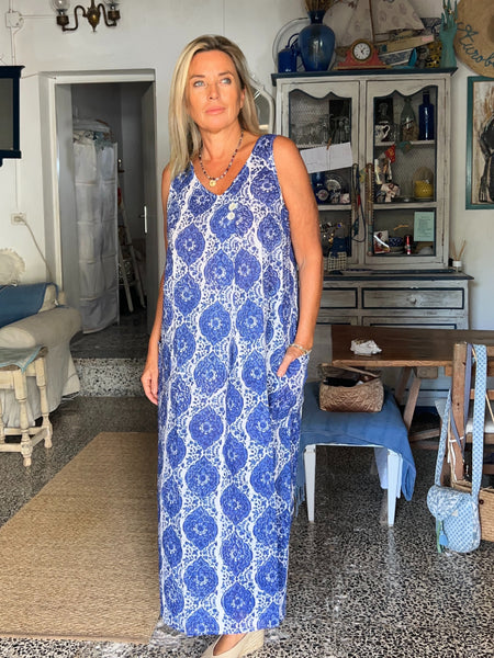 2 Button 2 Pocket Dress – Ibiza Blue Blockprint