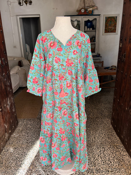 Boho turquoise flower Classic Block Print Dress -  AUROBELLE  IBIZA