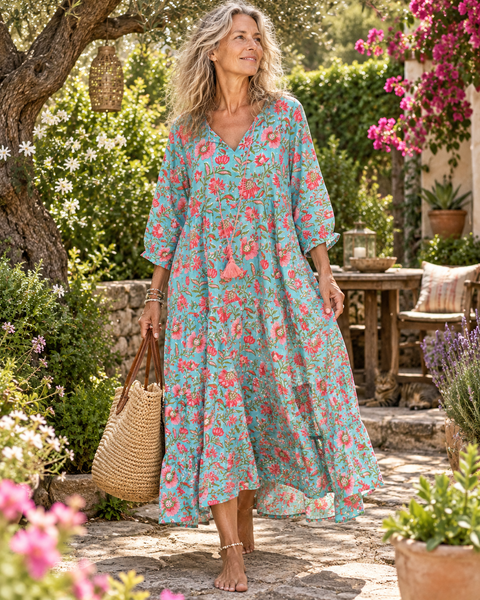 Boho turquoise flower Classic Block Print Dress -  AUROBELLE  IBIZA