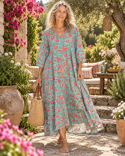 Boho turquoise flower Classic Block Print Dress -  AUROBELLE  IBIZA